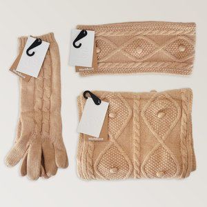 Wool Winter Scarf Gloves & Ear Warmer, Cable Knit Warm Matching Set